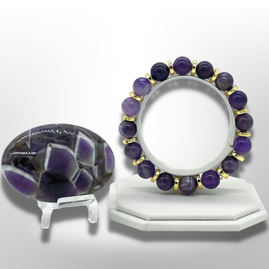 Zambian Chevron Amethyst Bracelet Between Golden Hematite