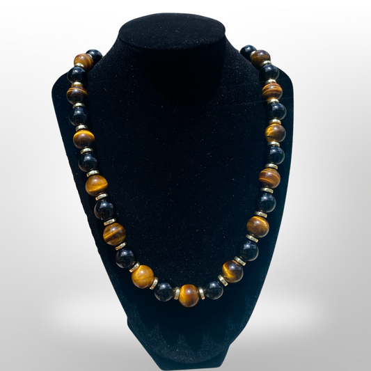 Tiger’s Eye and Onyx Grand Genuine Necklace (14MM)